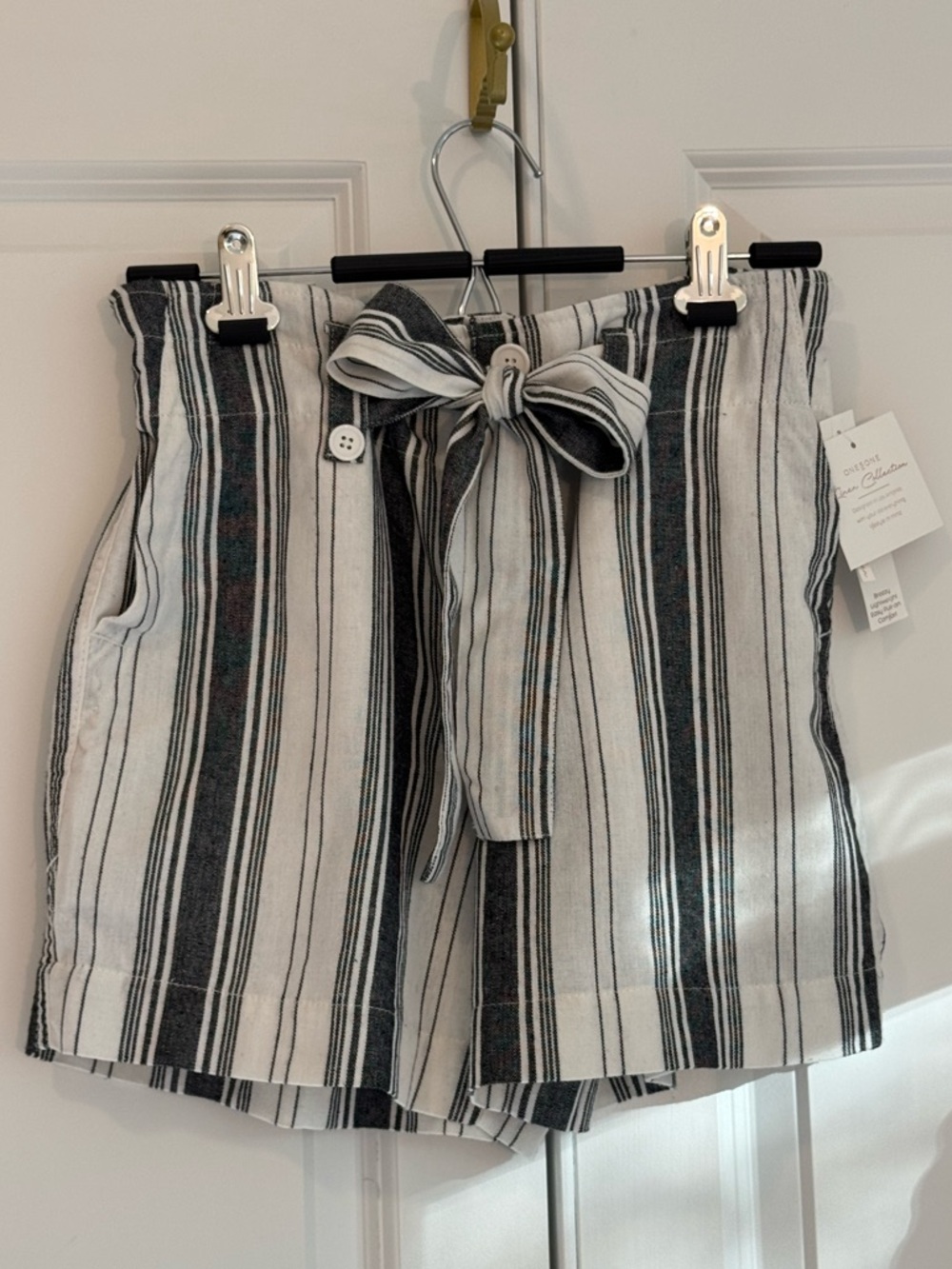 ONE5ONE Linen Collection High Waist Striped Paperbag Tie-Waist Shorts